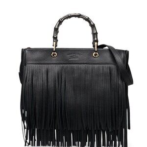 Gucci Soho Bamboo Leather Fringe Shopper Tote-Black-Brand New